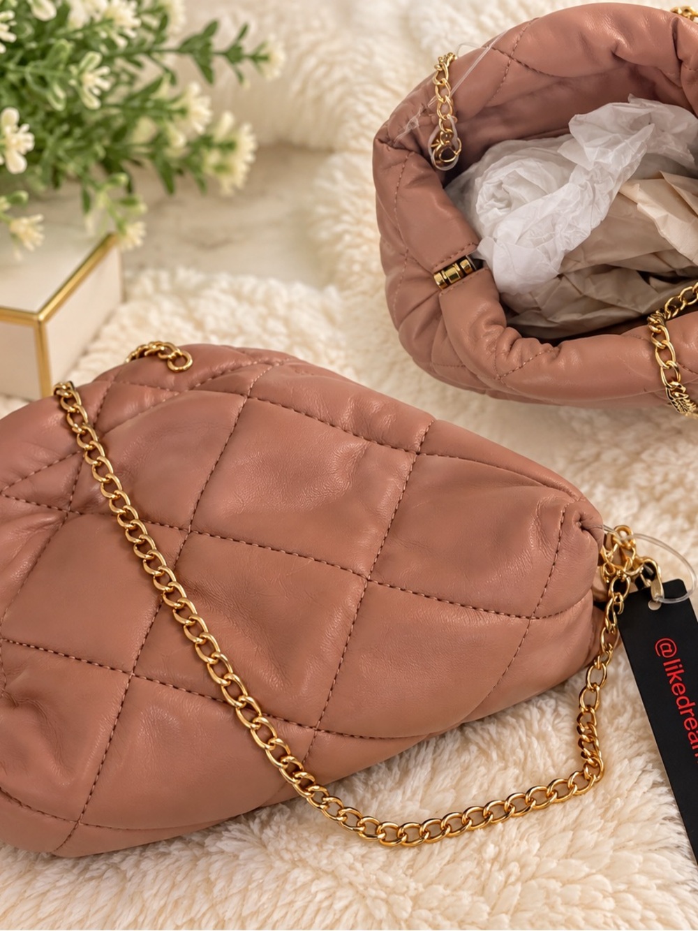 Quilted Mauve Shoulder Bag with Gold Chain Strap